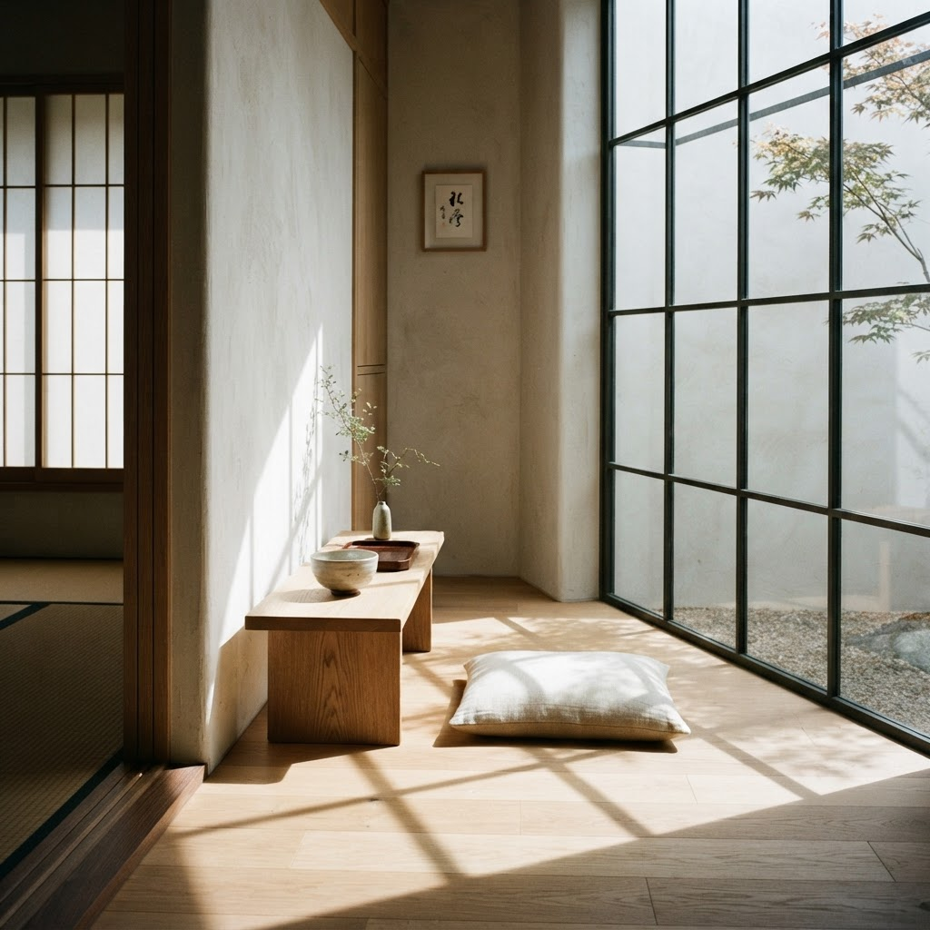 Architectural study interior showing natural light and oak structures